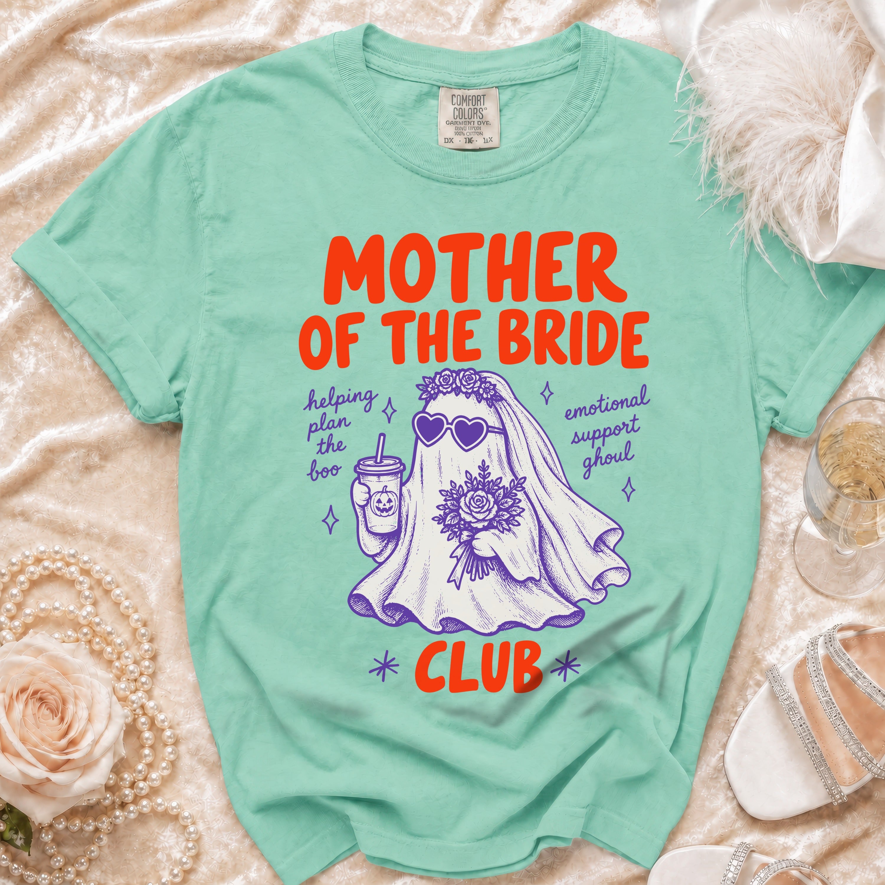 Mint green t-shirt with "Mother of the Bride Club" graphic and ghost bride.