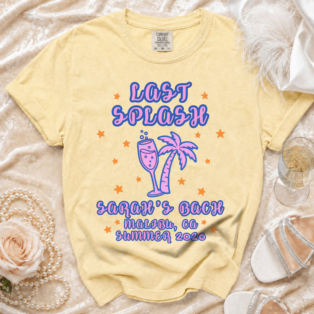 Yellow t-shirt with "Last Splash Malibu, Ca Summer 2026" and palm tree graphic.