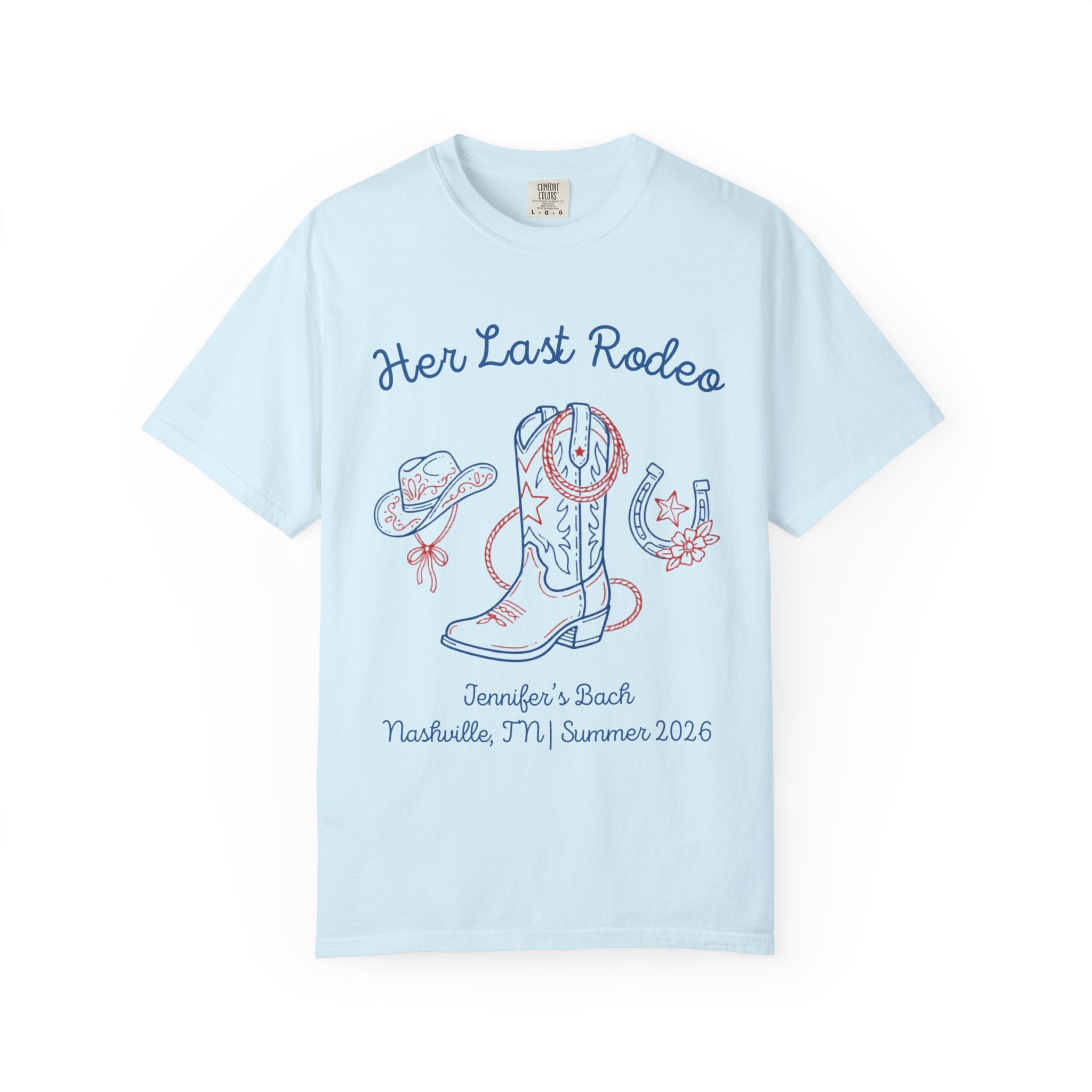 Light blue t-shirt with "Her Last Rodeo" and Western motifs.