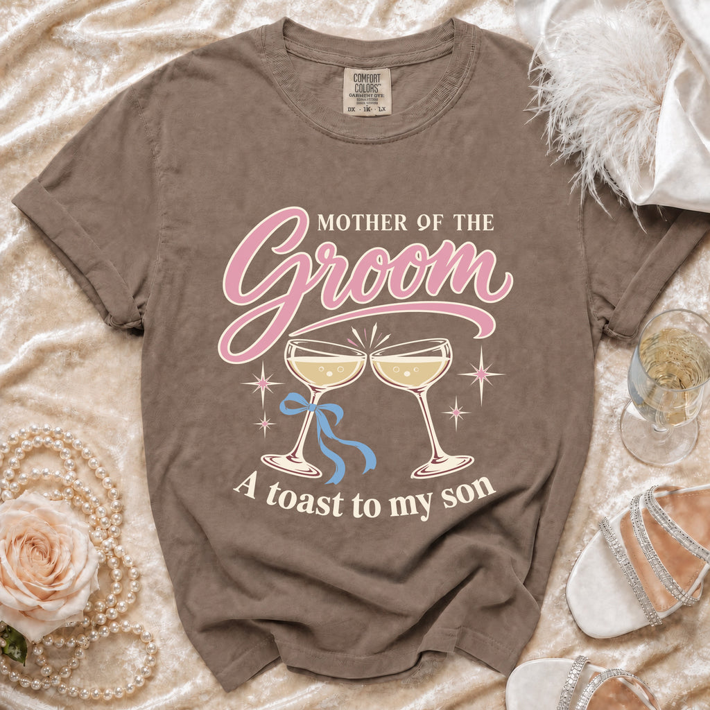 Brown t-shirt with "Mother of the Groom" and champagne glasses graphic.