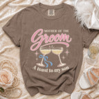 Brown t-shirt with "Mother of the Groom" and champagne glasses graphic.