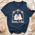 Navy t-shirt with "boo, i do" graphic featuring two ghosts and floral arch.
