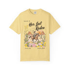 "Her Last Rodeo" graphic tee with cowboy, horse, cacti, and floral accents.