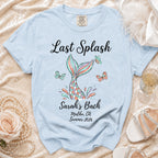 Light blue t-shirt with "Last Splash Sarah's Bach Malibu, CA Summer 2026" text and mermaid tail design.