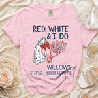 Pink t-shirt with "Red, White & I Do" and "Willow's Bachelorette" text.