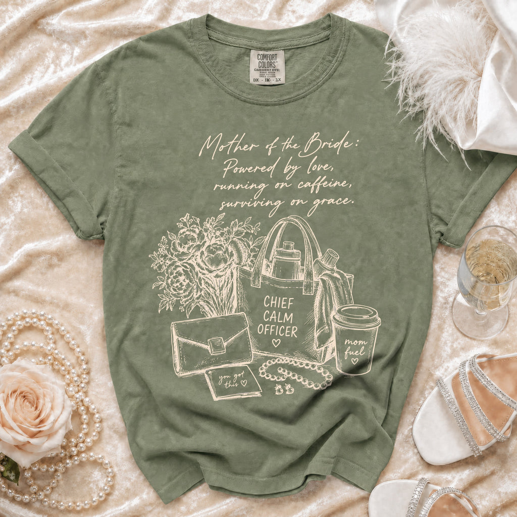 Olive green t-shirt with "Mother of the Bride" text and illustrated accessories.