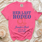 Pink t-shirt with "Her Last Rodeo" and bachelorette party details.