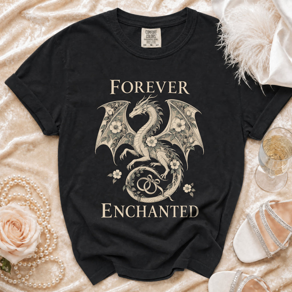 Black t-shirt with dragon, flowers, and rings graphic reading "Forever Enchanted".