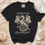 Black t-shirt with dragon, flowers, and rings graphic reading "Forever Enchanted".