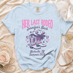 Light blue t-shirt with "Her Last Rodeo" design for Jennifer's Bach party.