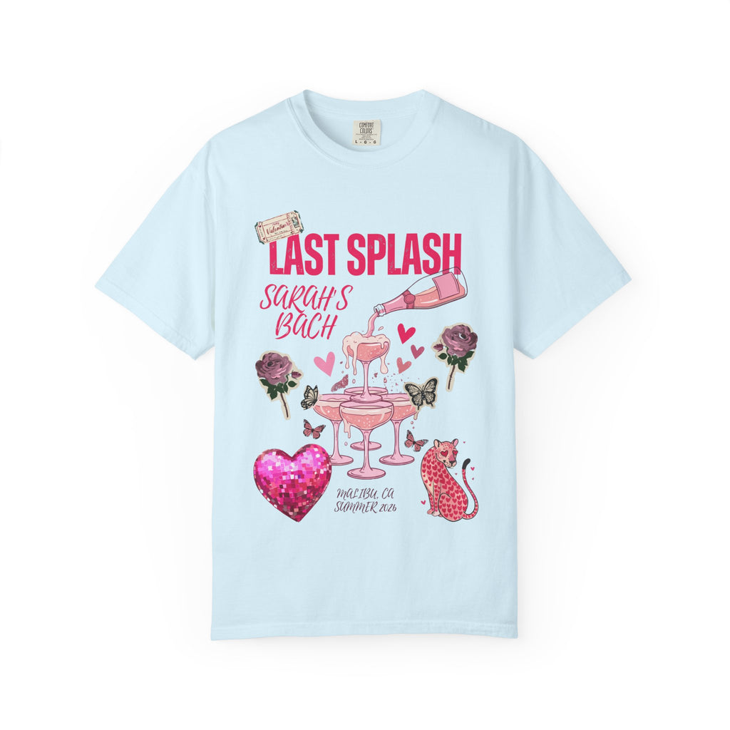 Pale blue t-shirt with "Last Splash" graphic and butterfly and leopard accents.