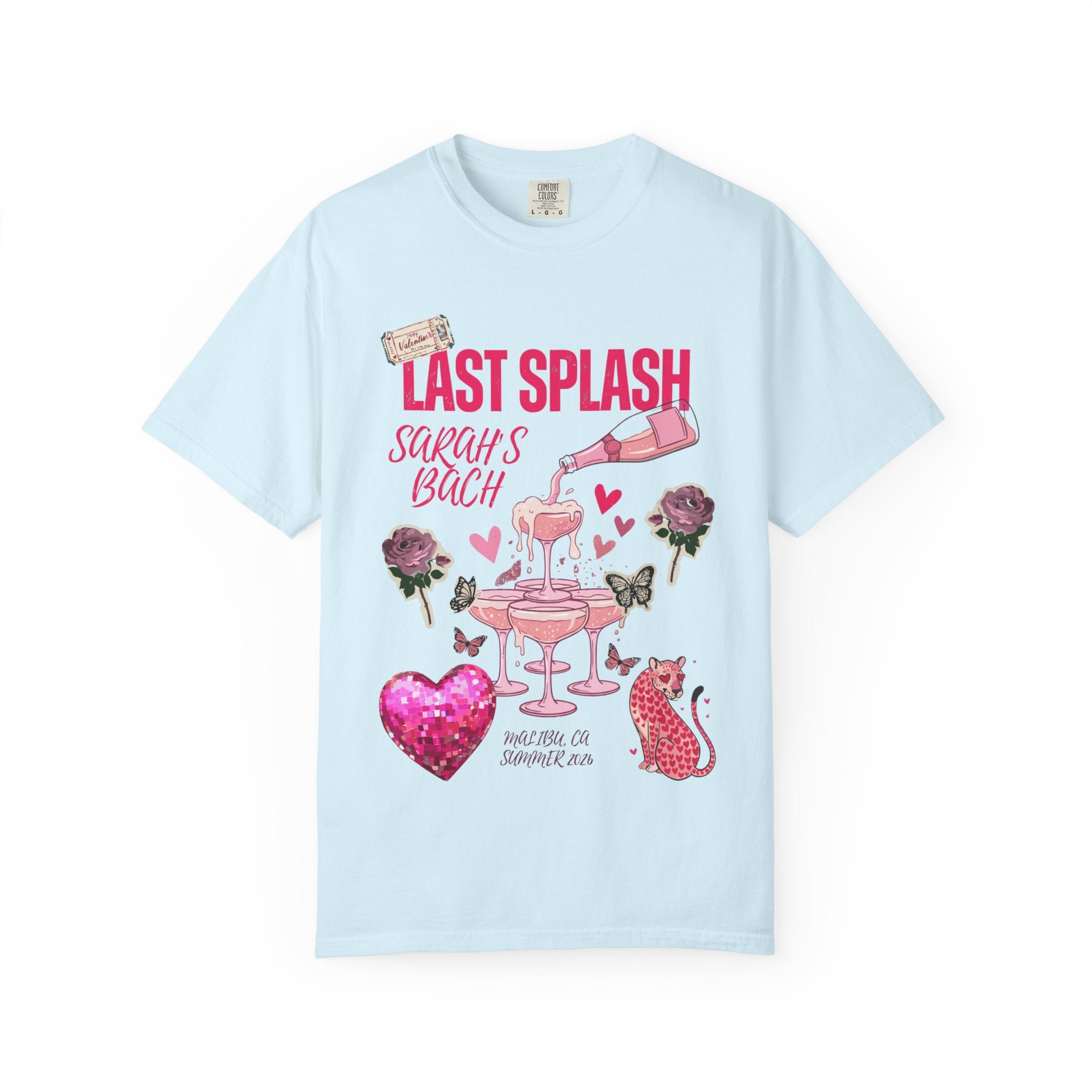 Pale blue t-shirt with "Last Splash" graphic and butterfly and leopard accents.