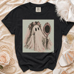 Black t-shirt with graphic of a ghost with a flower crown holding lipstick and a mirror.