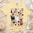 Yellow t-shirt with "Mother of the Bride" graphic and assorted icons.