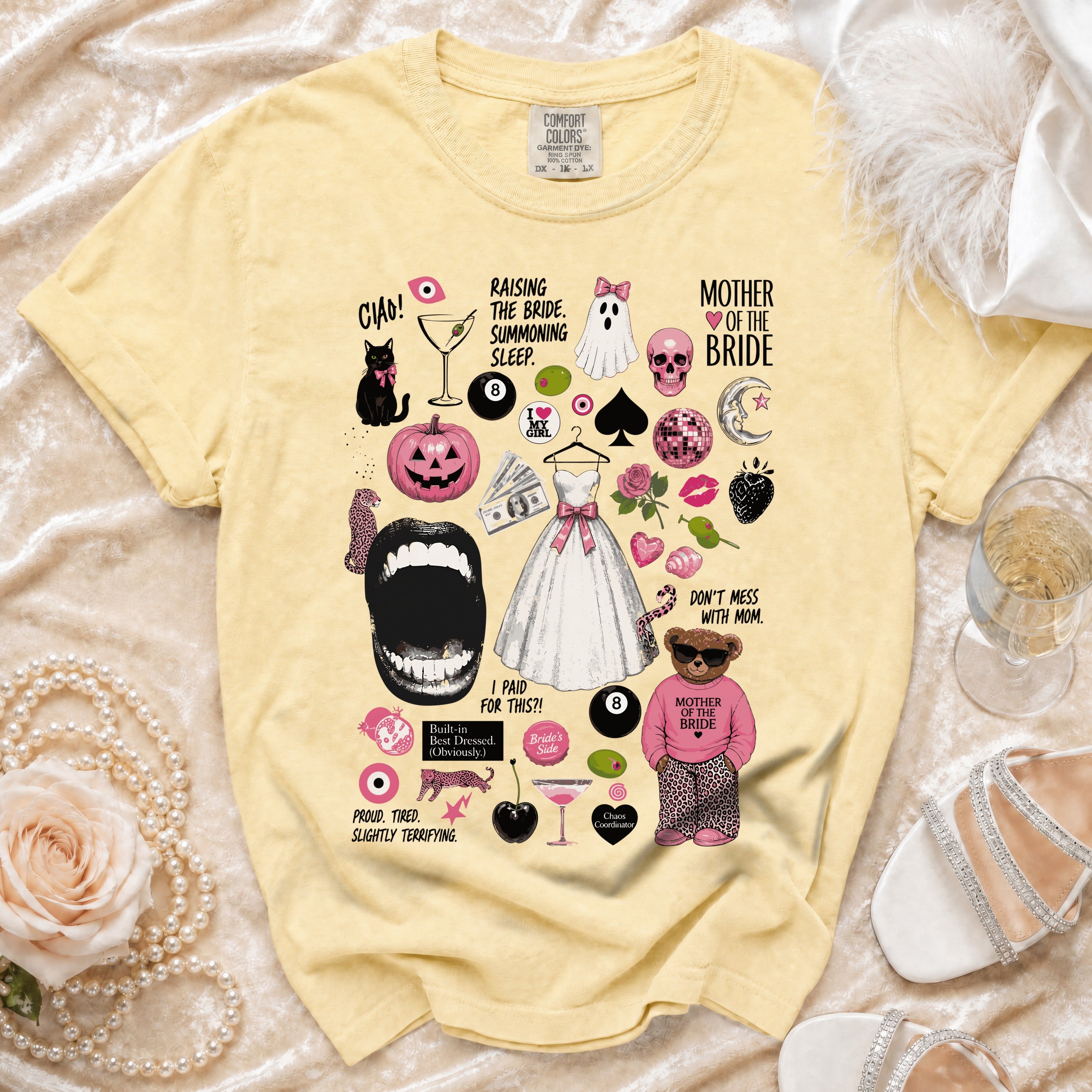 Yellow t-shirt with "Mother of the Bride" graphic and assorted icons.