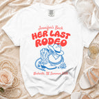 White t-shirt with "Jennifer's Bach HER LAST RODEO" in red and blue, cowboy boots, and Nashville, TN Summer 2026.