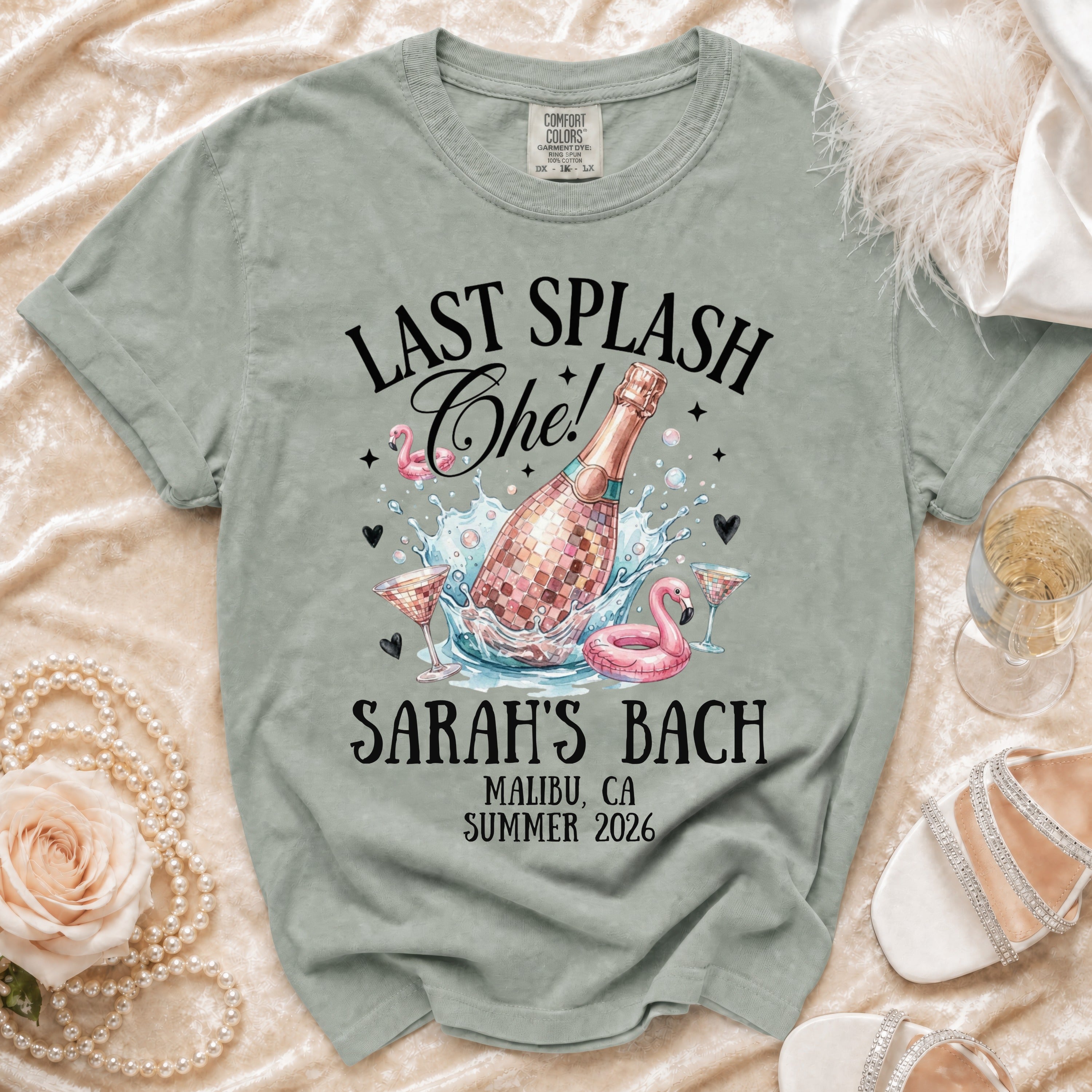 "Last Splash" Sarah's Bach t-shirt with champagne bottle and flamingo.