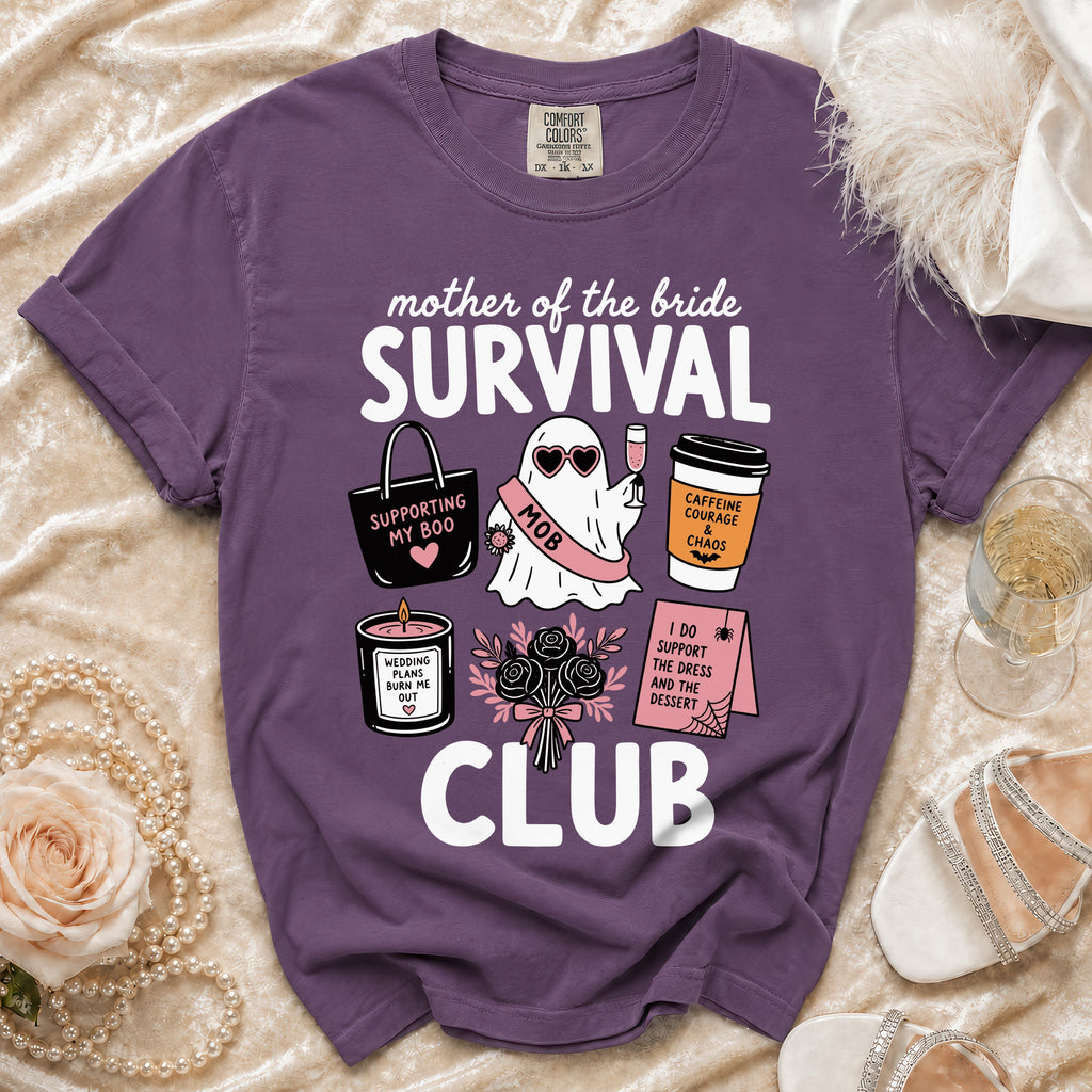 Purple Comfort Colors t-shirt with "Mother of the Bride Survival Club" graphics.