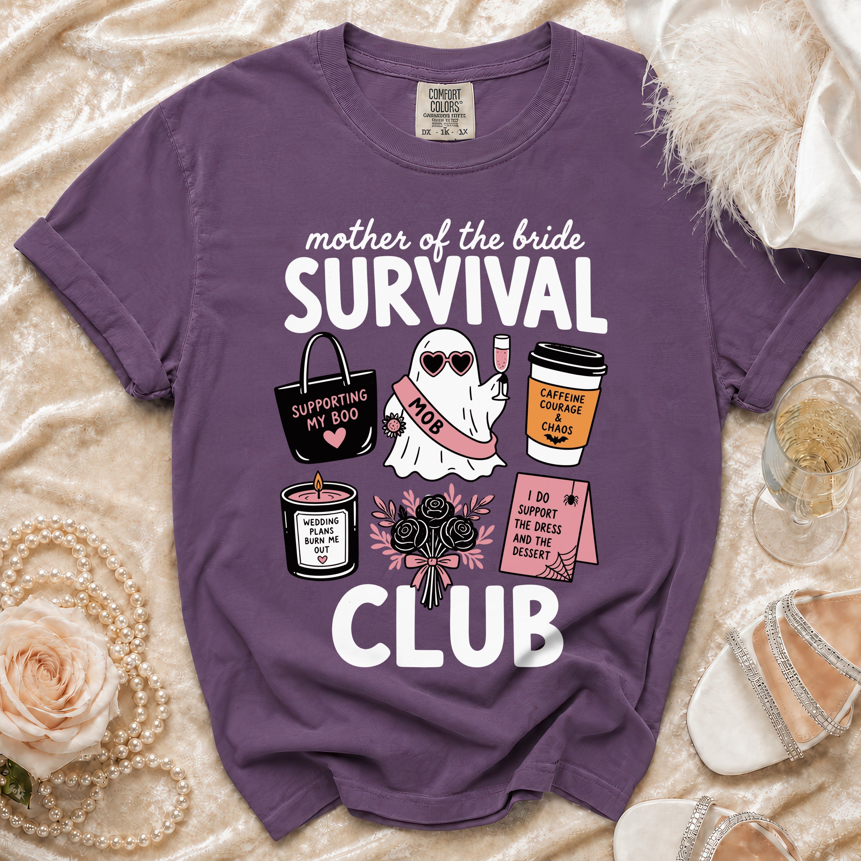 Purple Comfort Colors t-shirt with "Mother of the Bride Survival Club" graphics.