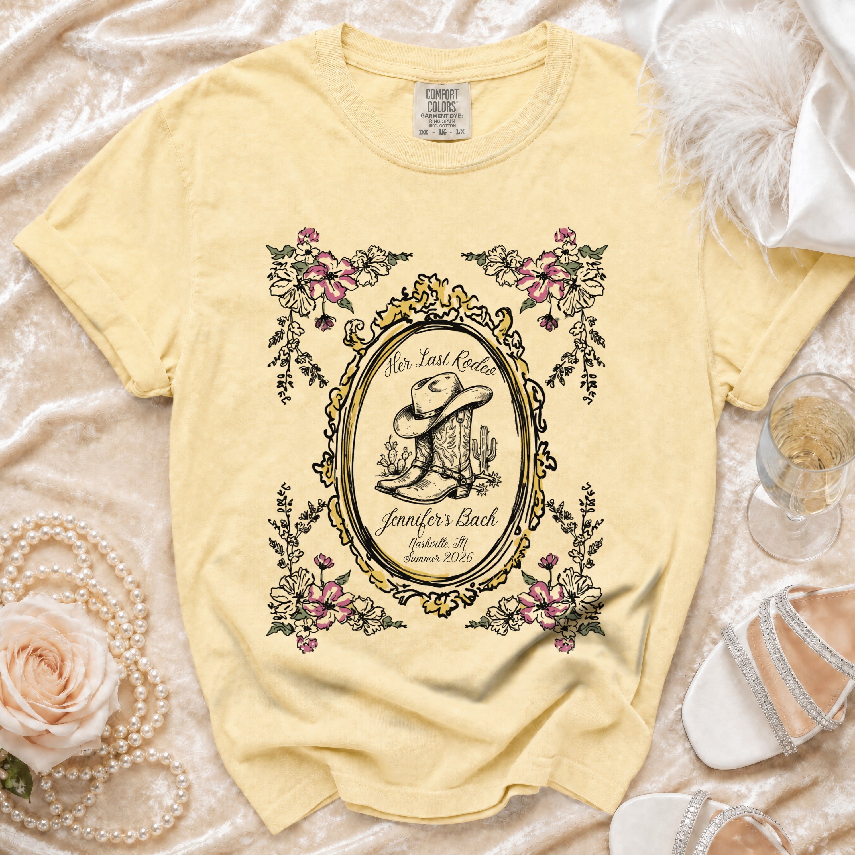Yellow t-shirt with "Her Last Rodeo" and "Jennifer's Bach Nashville, TN Summer 2026" graphics.