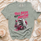 T-shirt with skeleton bride graphic and "This Bride Needs a Martini" text.