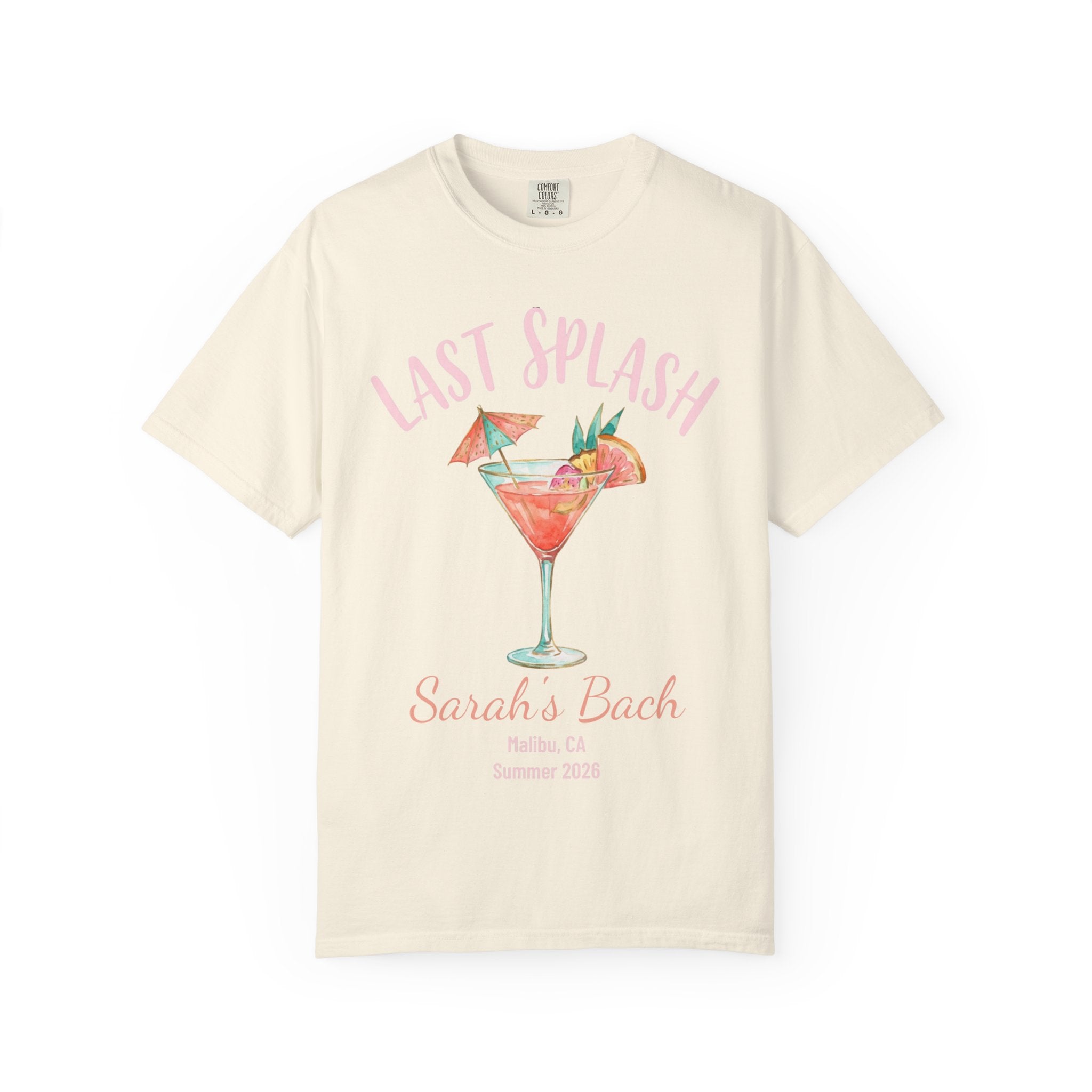 Cream t-shirt with "Last Splash Sarah's Bach" cocktail graphic.