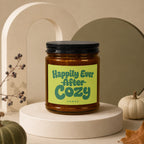 Candle with label "Happily Ever After Cozy Vowed" on display pedestal.