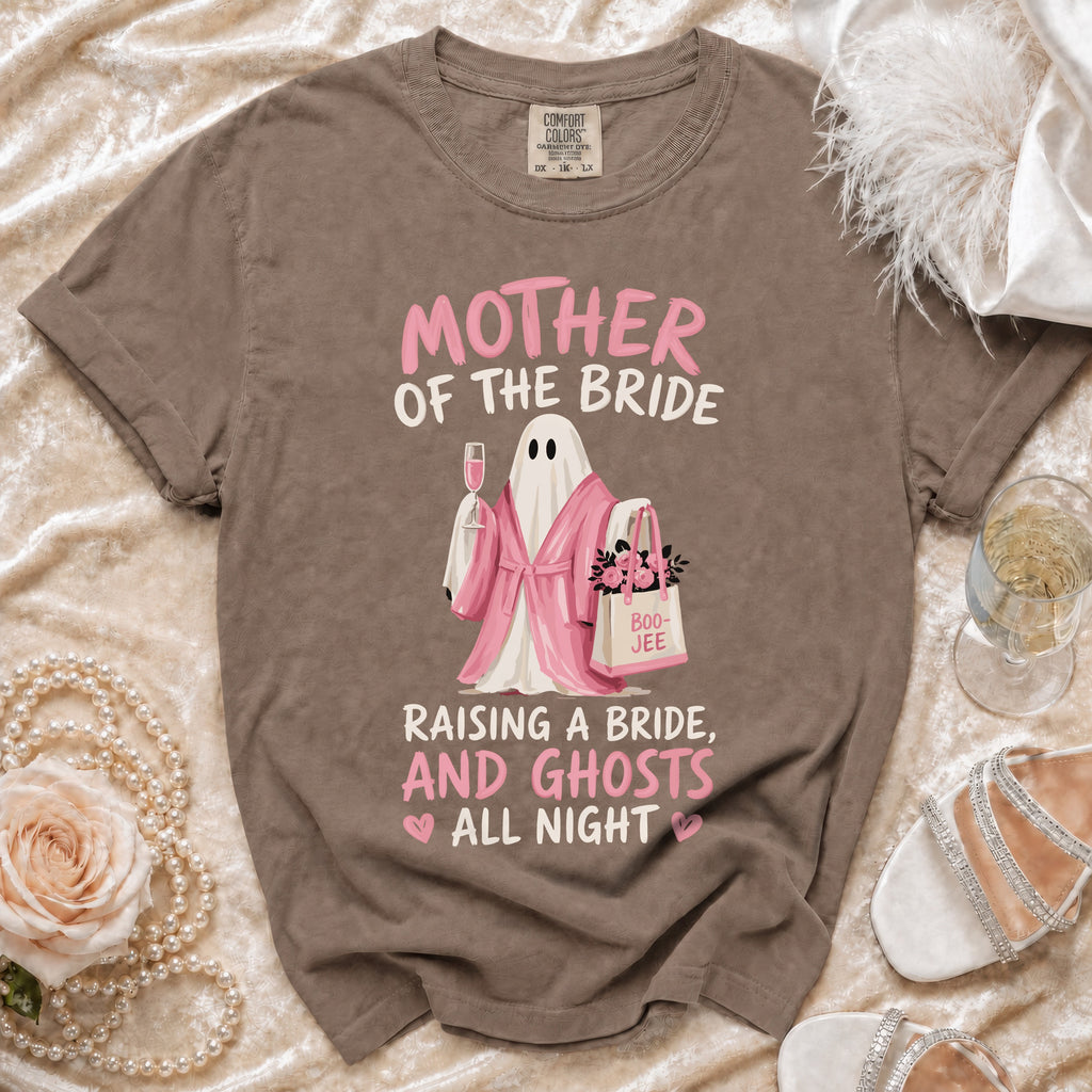 Brown t-shirt with "Mother of the Bride" and ghost graphic.