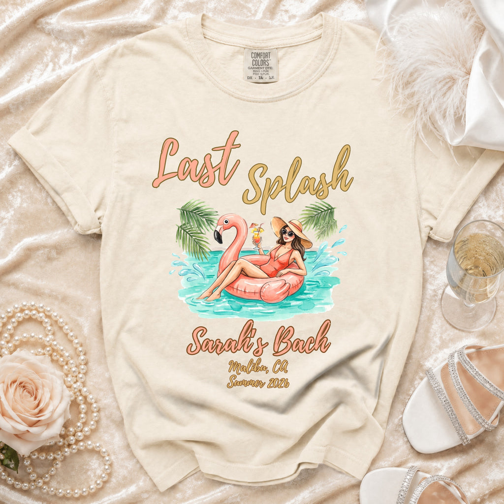 "Last Splash" text over illustration of woman on flamingo float, "Sarah's Bach Malibu, Ca Summer 2026".