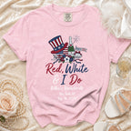 Pink t-shirt with "Red, White & I Do" bachelorette party design.