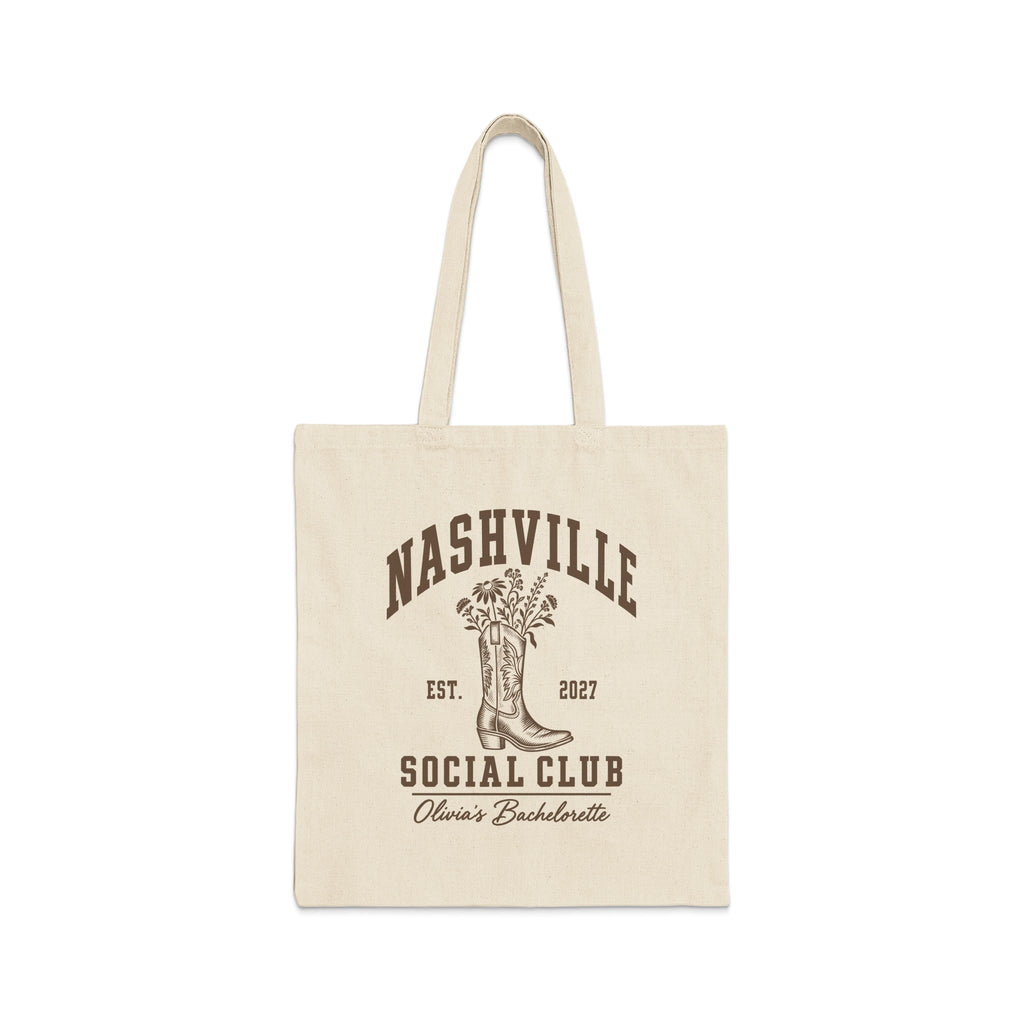 Beige canvas tote bag featuring brown retro text that reads Nashville Social Club, Olivia's Bachelorette, and a cowboy boot graphic.