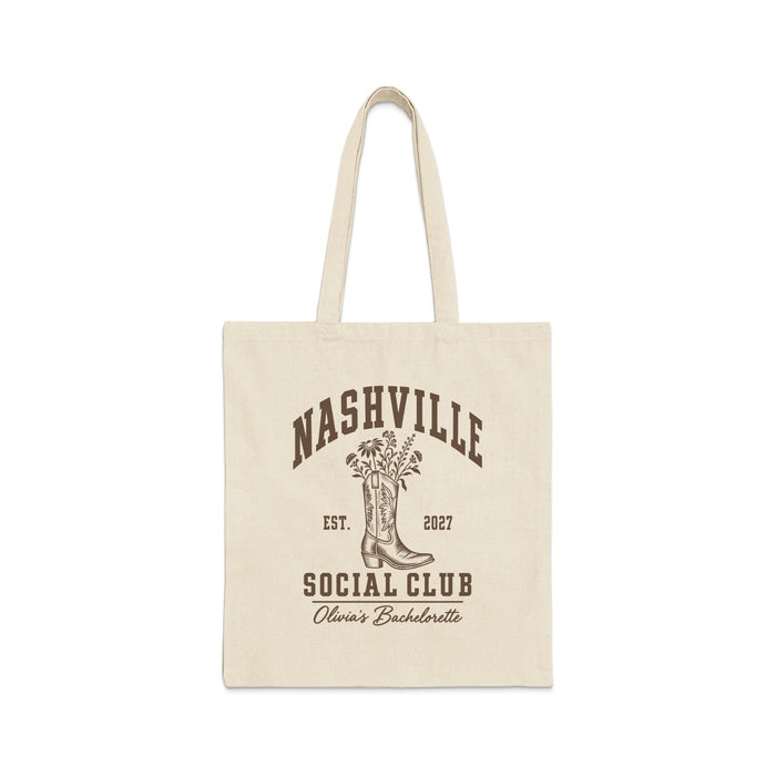 Beige canvas tote bag featuring brown retro text that reads Nashville Social Club, Olivia's Bachelorette, and a cowboy boot graphic.