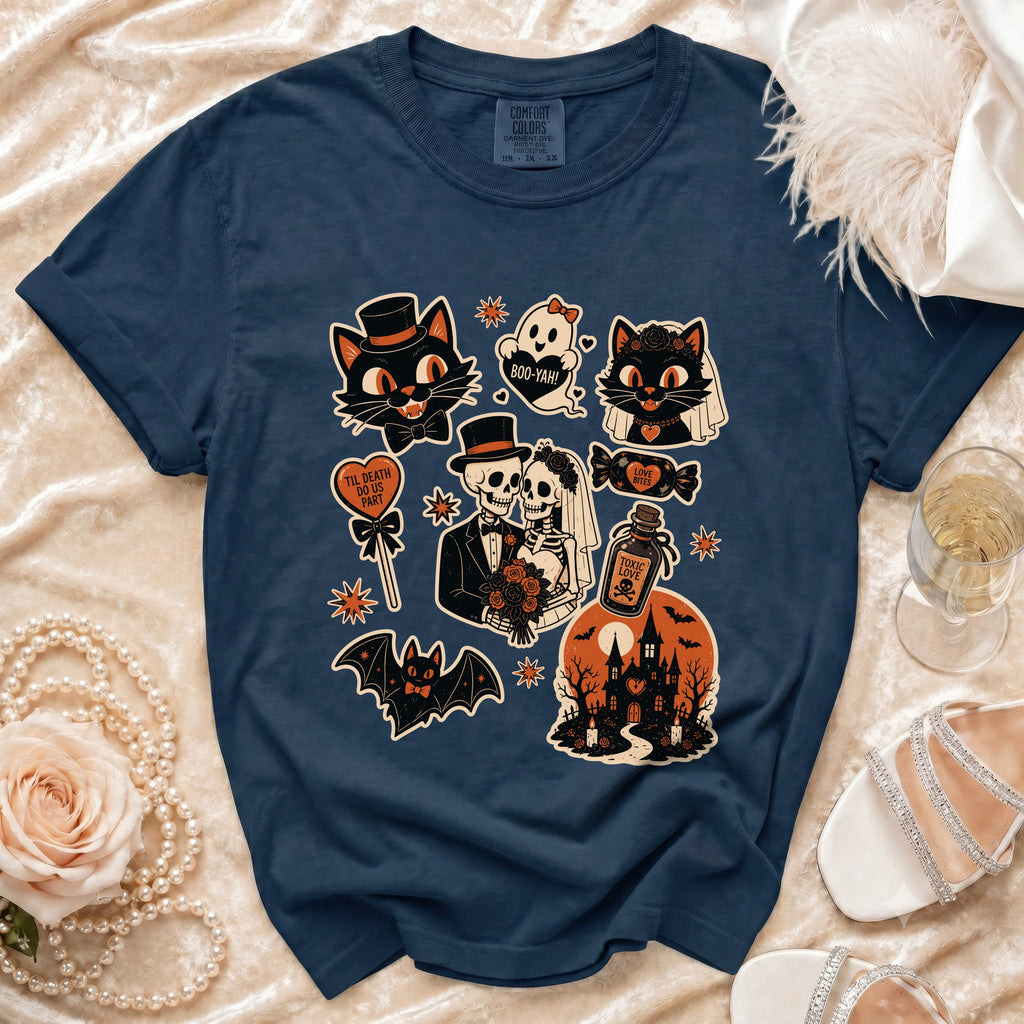 Navy t-shirt with Halloween-themed graphics including cats, skulls, and haunted house.