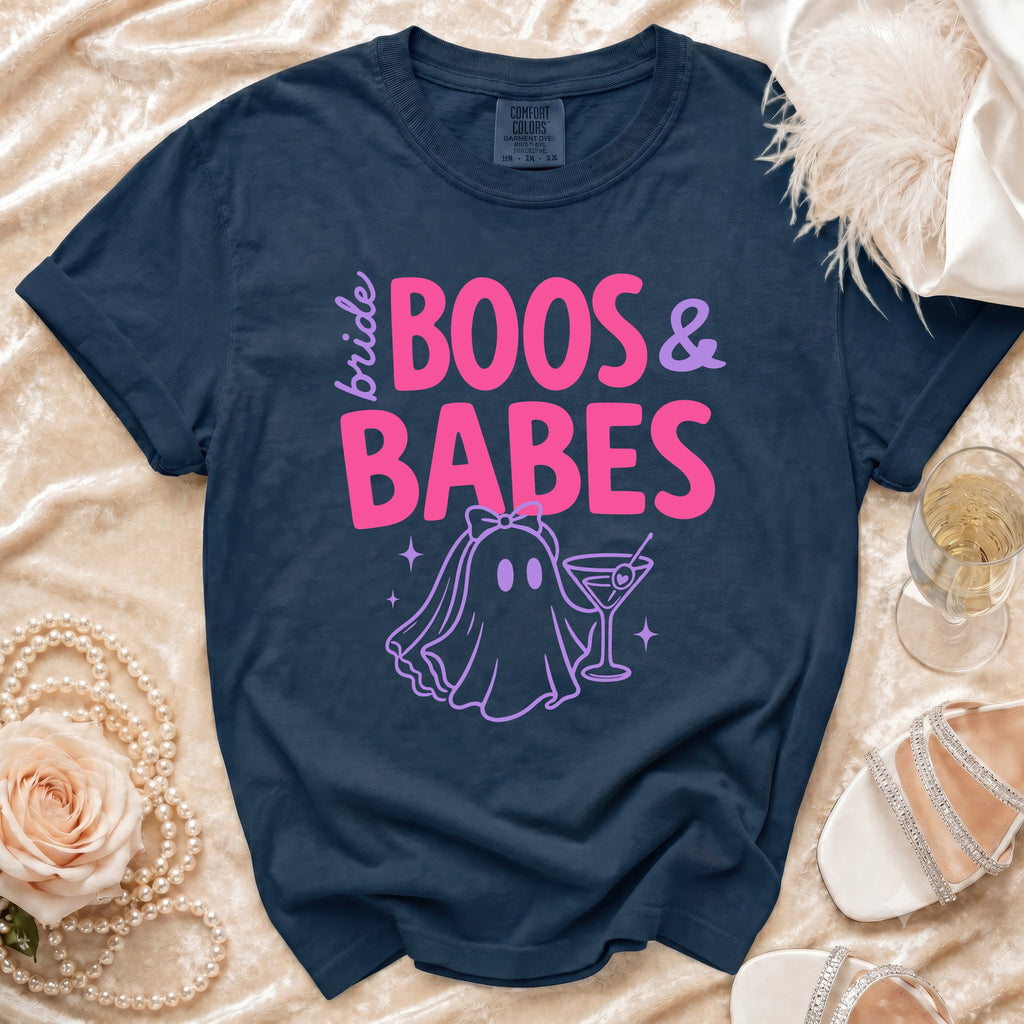 Navy t-shirt with "bride BOOS & BABES" text and ghost graphic.