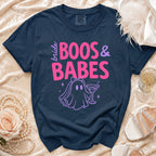 Navy t-shirt with "bride BOOS & BABES" text and ghost graphic.