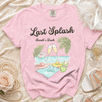 Pink t-shirt with "Last Splash Sarah's Bach" and beach graphic.
