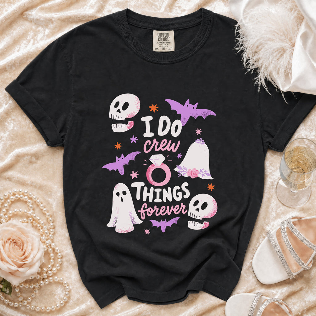 Black t-shirt with "I Do Crew Things Forever" text and Halloween-themed graphics.
