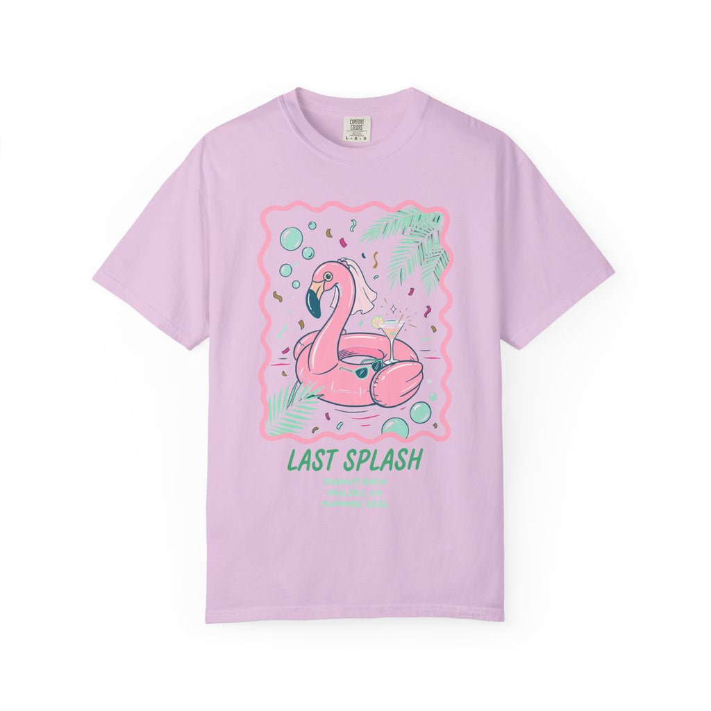 Pink flamingo float with "Last Splash" text on a light purple t-shirt.