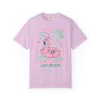 Pink flamingo float with "Last Splash" text on a light purple t-shirt.