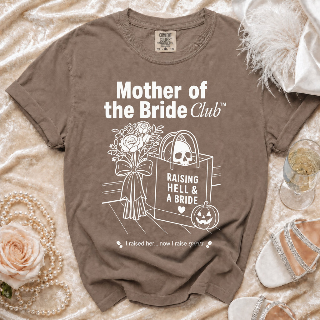 Brown t-shirt with "Mother of the Bride Club" and graphic art.