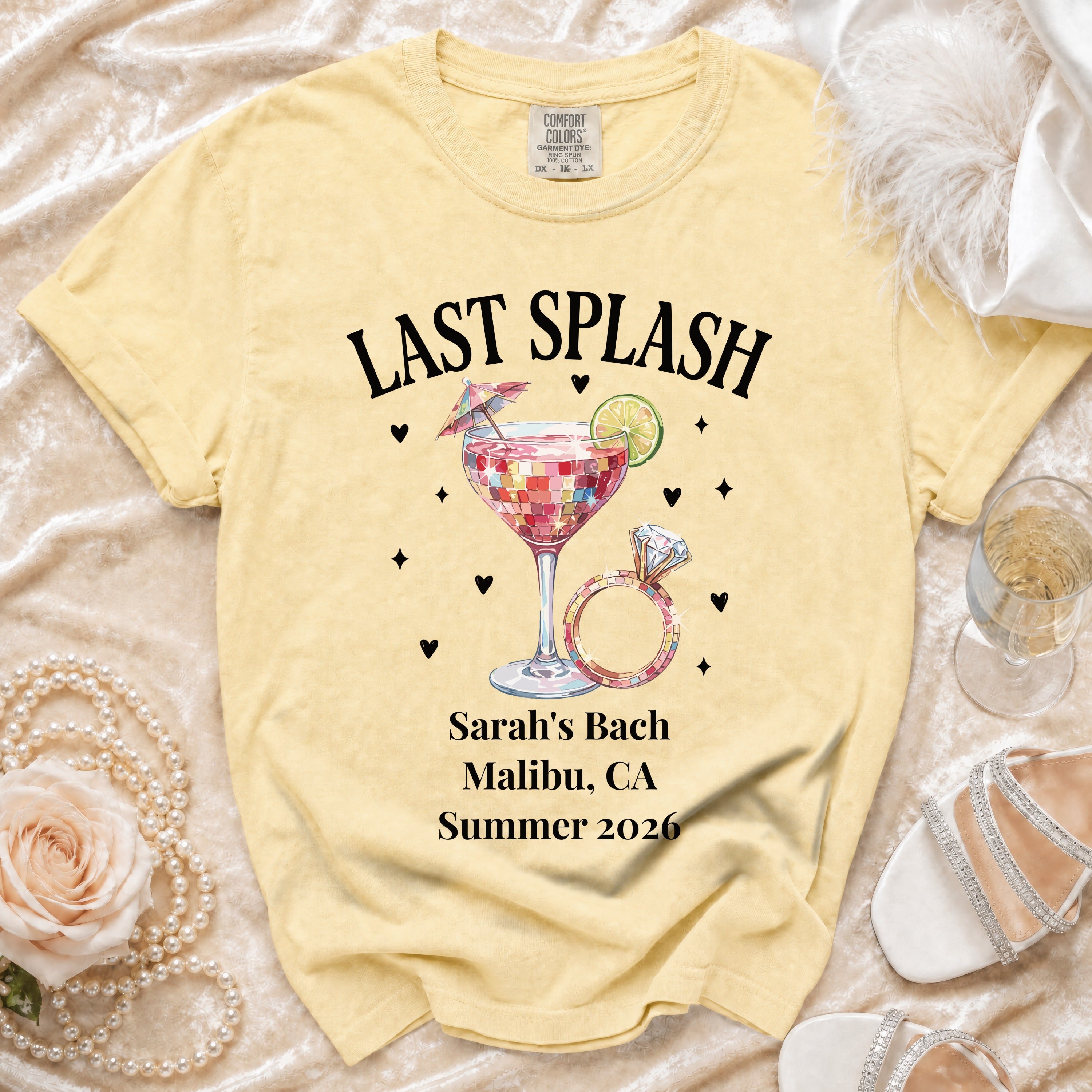 Yellow t-shirt with "Last Splash Sarah's Bach Malibu, CA Summer 2026" text.