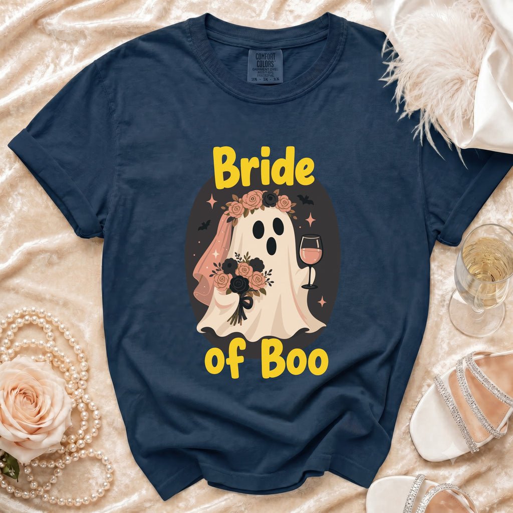Navy t-shirt with "Bride of Boo" ghost bride graphic and veil.