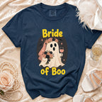 Navy t-shirt with "Bride of Boo" ghost bride graphic and veil.