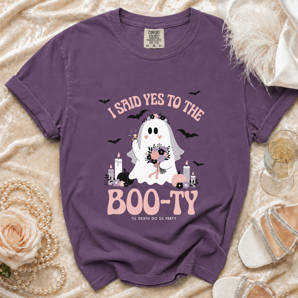 Purple t-shirt with ghost bride design: "I Said Yes to the Boo-ty" and "Til Death Do Us Party".