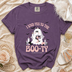 Purple t-shirt with ghost bride design: "I Said Yes to the Boo-ty" and "Til Death Do Us Party".