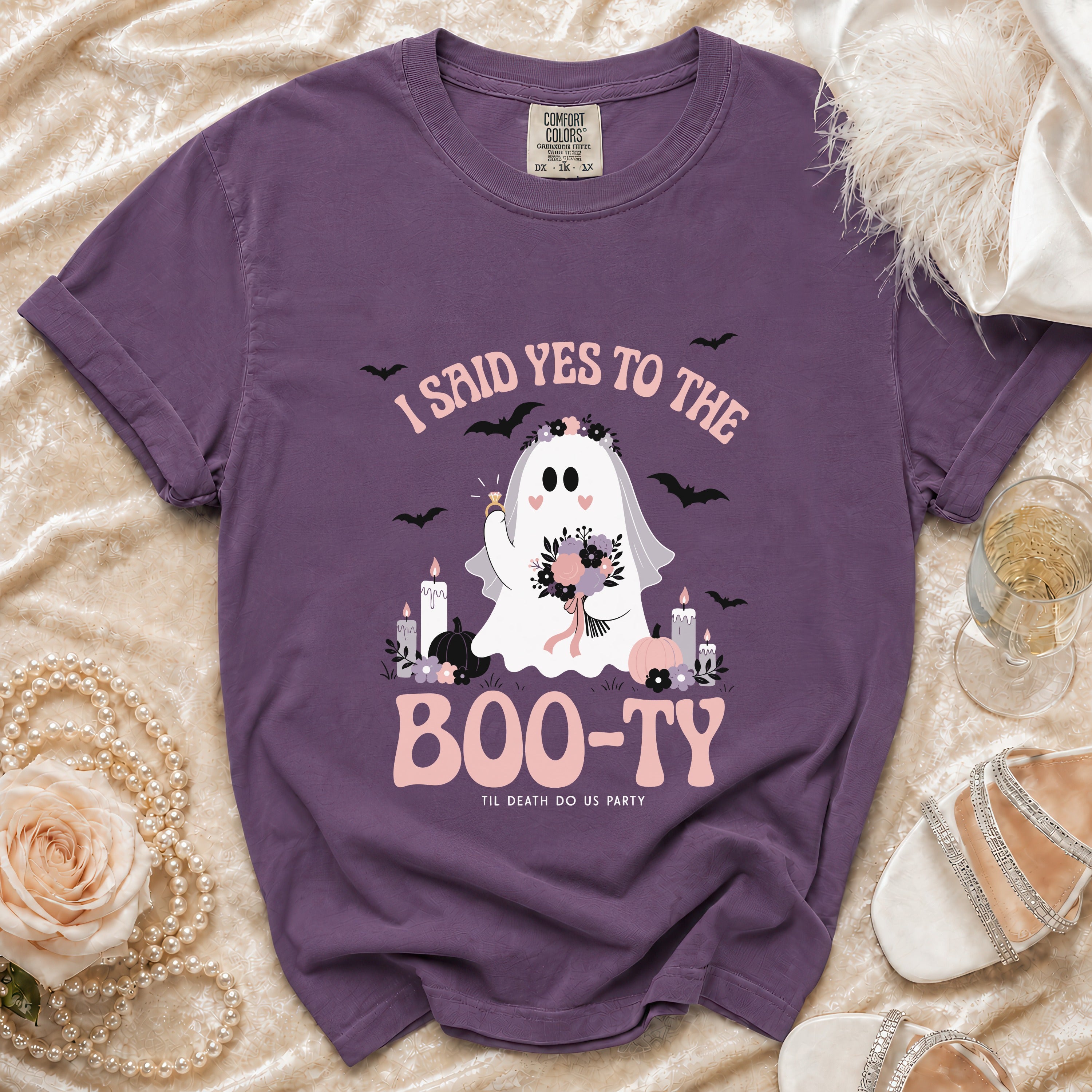 Purple t-shirt with ghost bride design: "I Said Yes to the Boo-ty" and "Til Death Do Us Party".