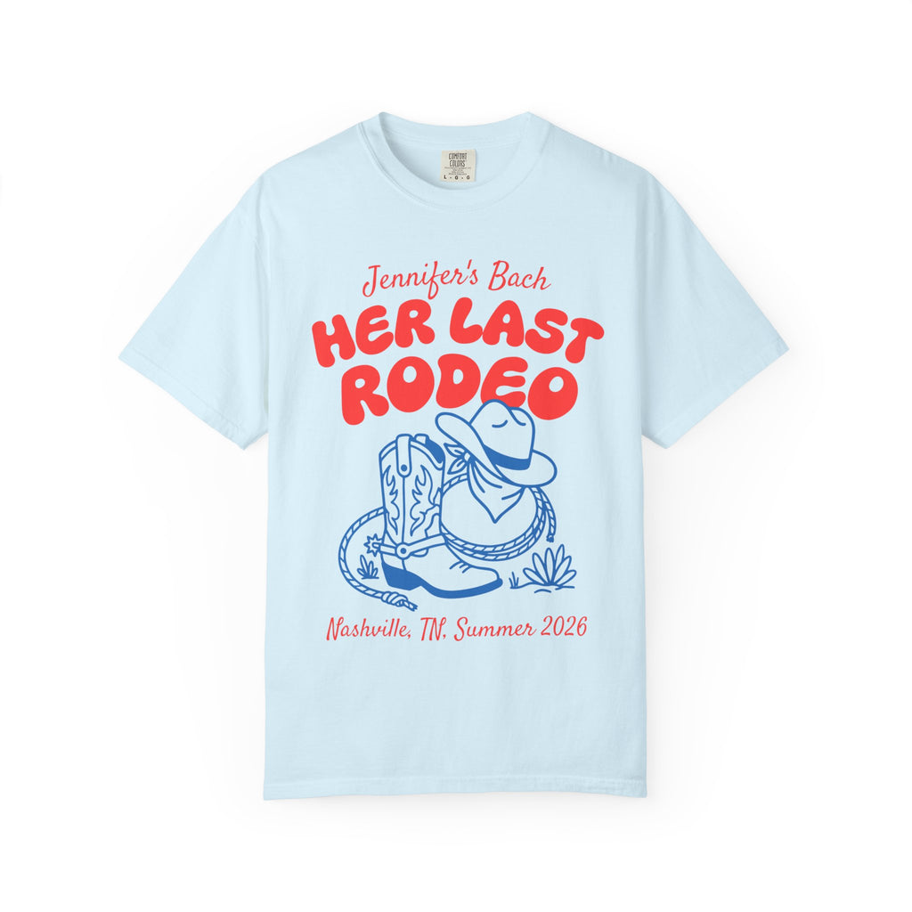 Light blue t-shirt with "Jennifer's Bach Her Last Rodeo" and cowboy boot/hat graphic.