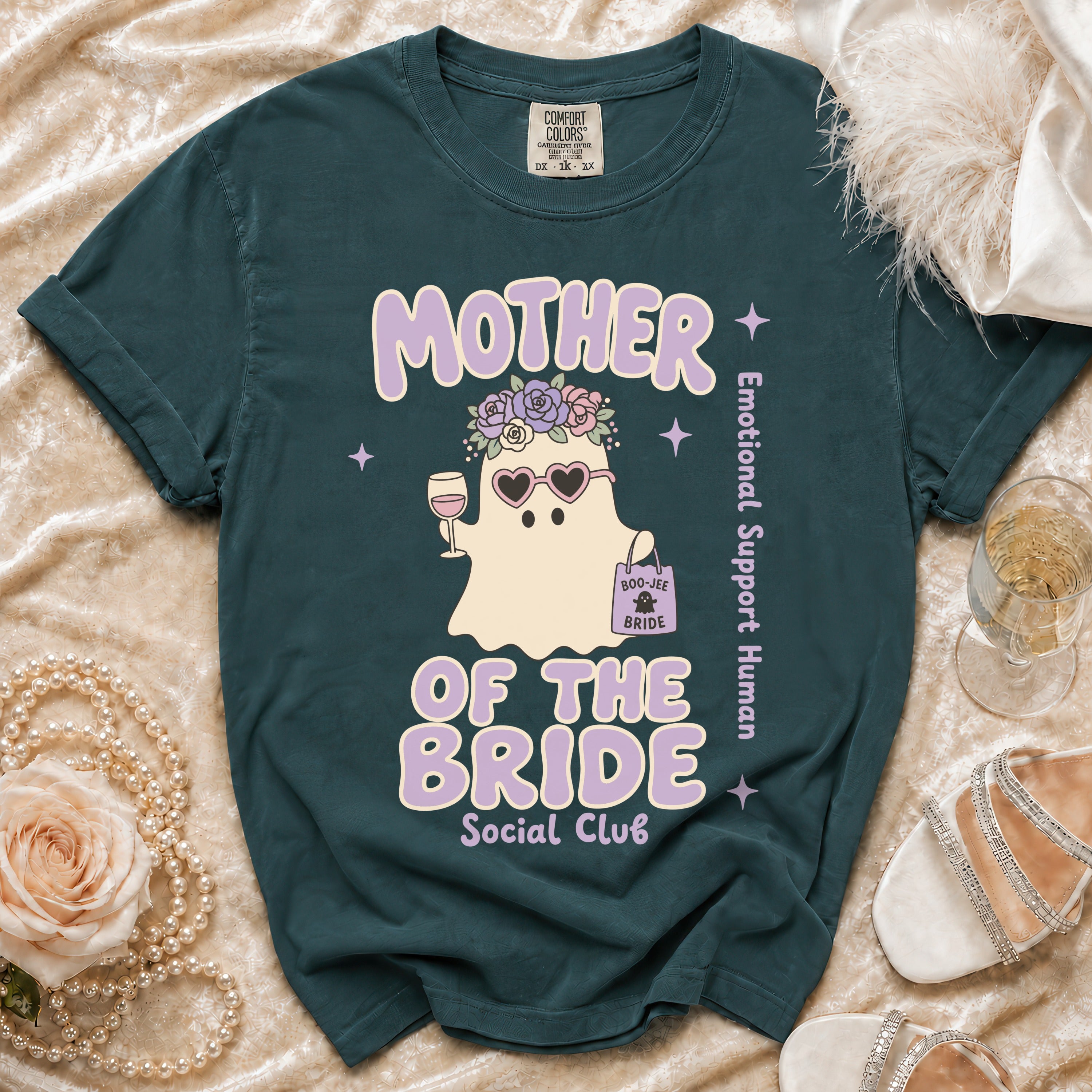 Mother of the Bride "Emotional Support Human" t-shirt with ghost graphic.