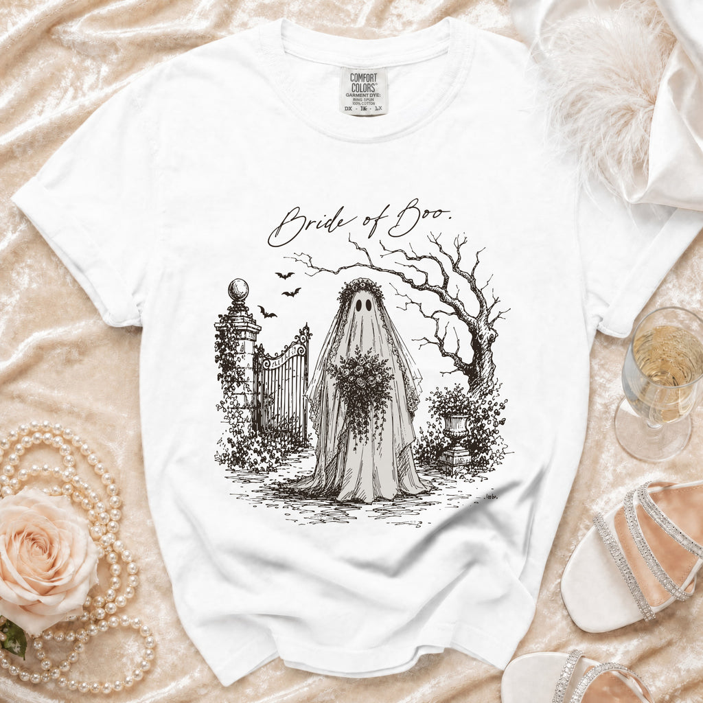 White t-shirt with "Bride of Boo." graphic of a ghost bride by a gate.
