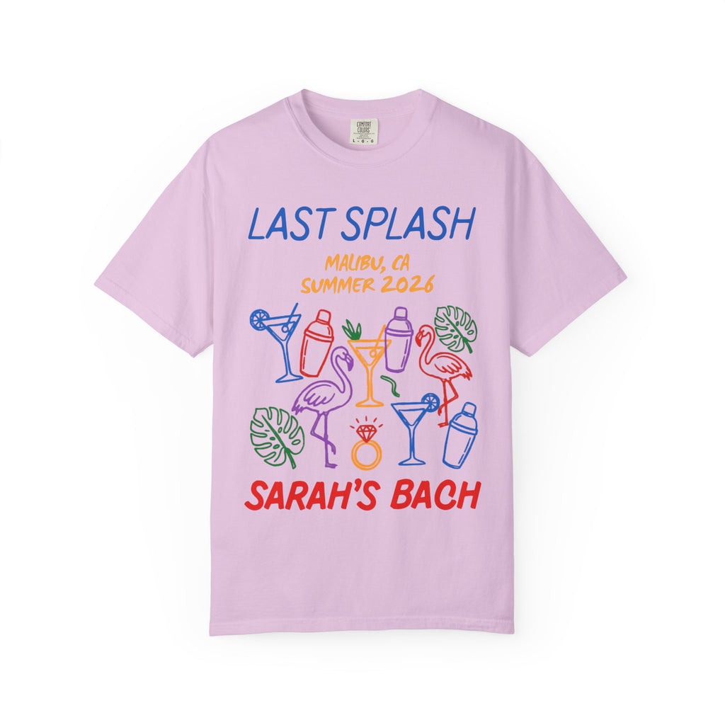 Lilac t-shirt with "Last Splash" and "Sarah's Bach" text and colorful drink and flamingo graphics.